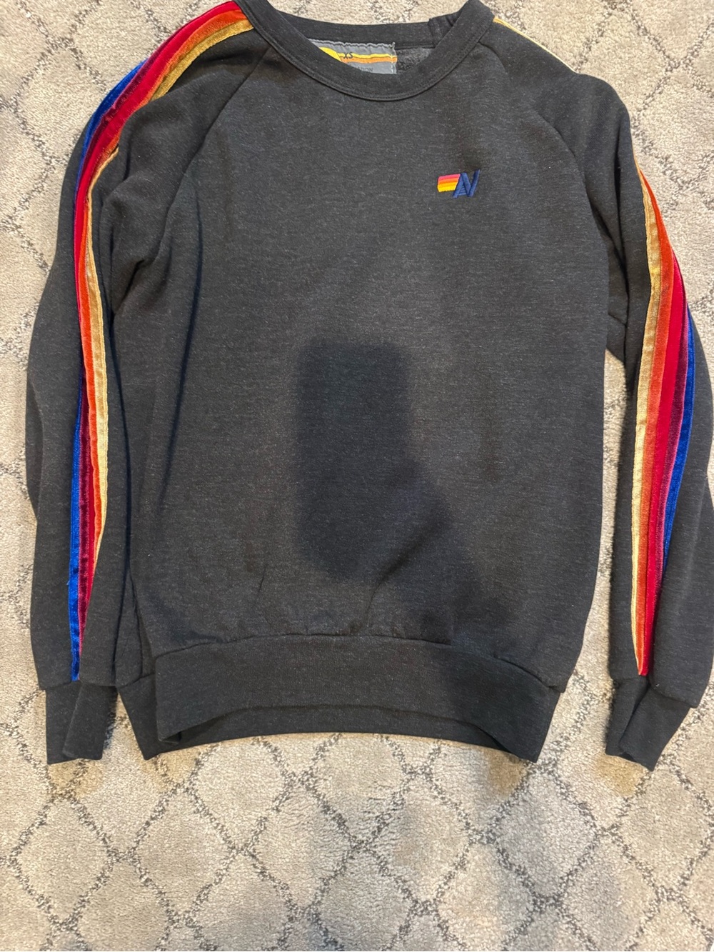 Aviator Nation Black Crewneck with Rainbow Velvet Sleeve Stripes